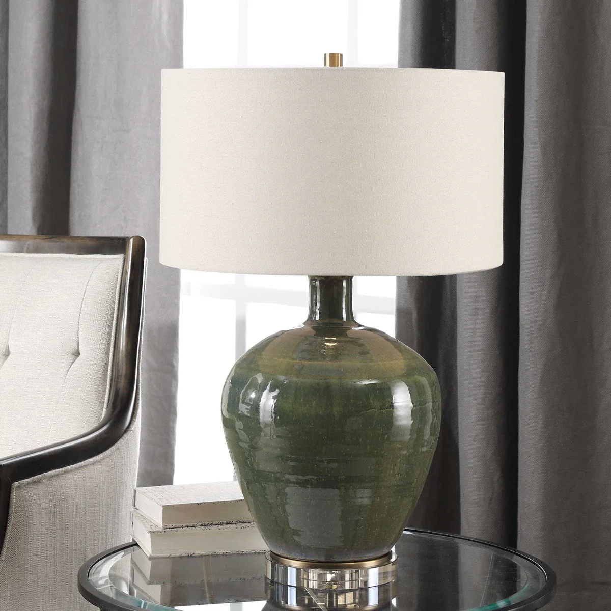 Uttermost Elva Emerald Green Glazed Ceramic Table Lamp With Beige Linen Shade - Image 4