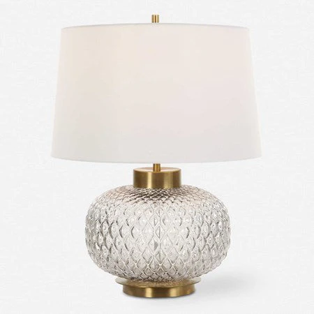 Uttermost Estelle Embossed Smoke Gray Glass Table Lamp With White Linen Shade - Image 2