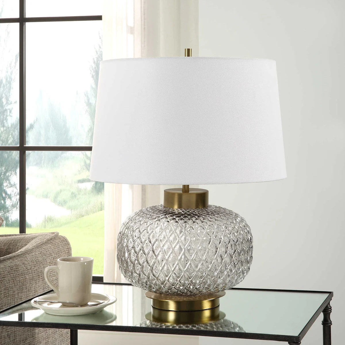 Uttermost Estelle Embossed Smoke Gray Glass Table Lamp With White Linen Shade - Image 3