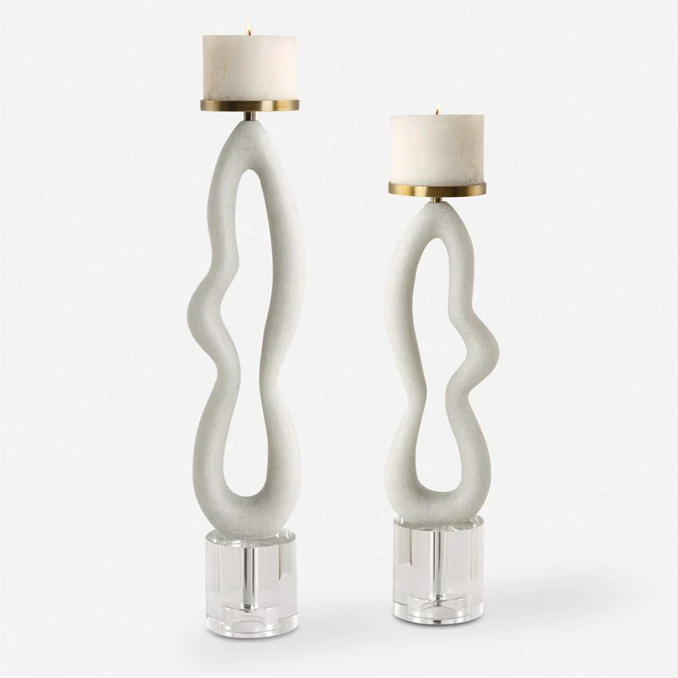 Uttermost Feamelo Sculptural Ivory Stone and Crystal Set of 2 Candle Holders ~ Candles Included - Image 2