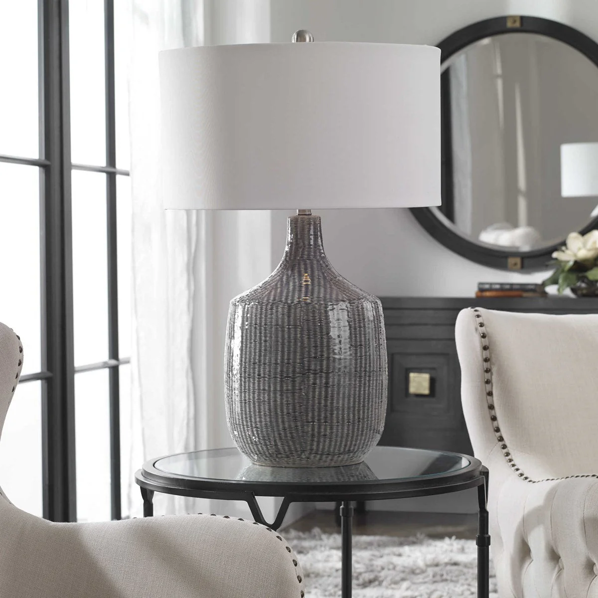 Uttermost Felipe Gray Ceramic Table Lamp With White Linen Shade