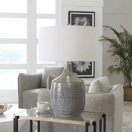 Uttermost Felipe Gray Ceramic Table Lamp With White Linen Shade - Image 3