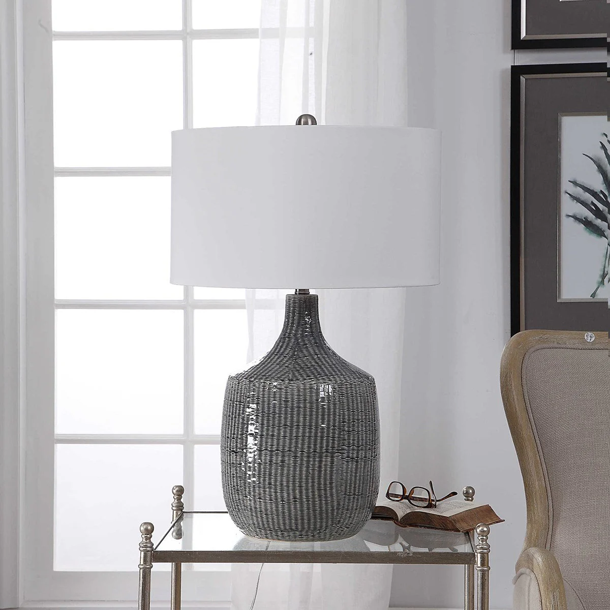 Uttermost Felipe Gray Ceramic Table Lamp With White Linen Shade - Image 4