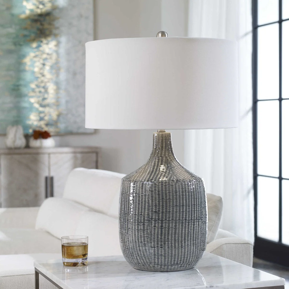Uttermost Felipe Gray Ceramic Table Lamp With White Linen Shade - Image 5