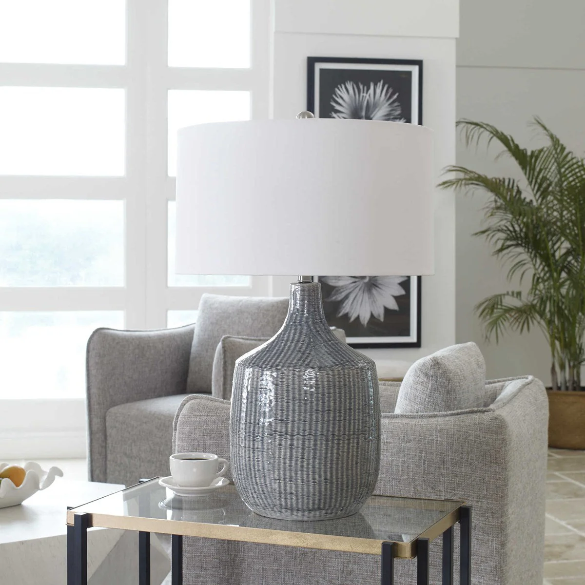 Uttermost Felipe Gray Ceramic Table Lamp With White Linen Shade - Image 6