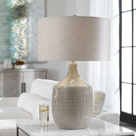 Uttermost Felipe Light Gray Ceramic Table Lamp With Linen Shade - Image 3