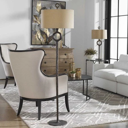 Uttermost Ferro Aged Rust Bronze Iron Floor Lamp With Beige Linen Fabric