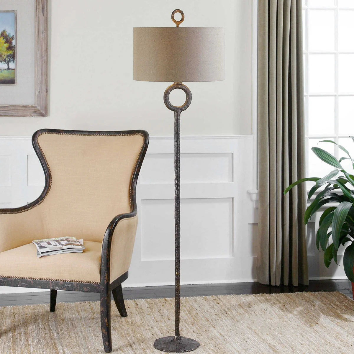 Uttermost Ferro Aged Rust Bronze Iron Floor Lamp With Beige Linen Fabric - Image 4