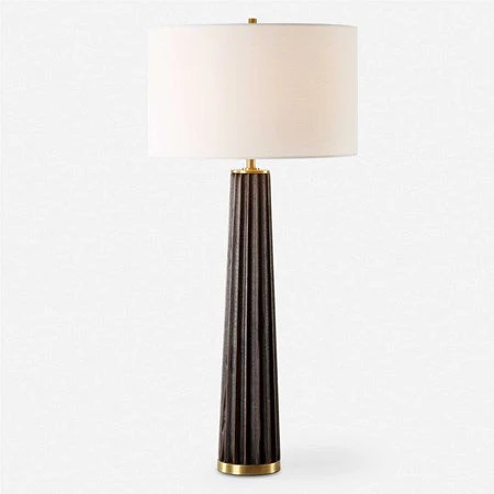 Uttermost Forage Dark Stained Oak Wood Table Lamp With White Linen Shade - Image 3