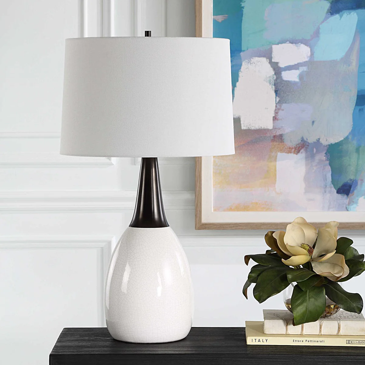 Uttermost Fralin Crackled White Ceramic Table Lamp With Linen - Image 3