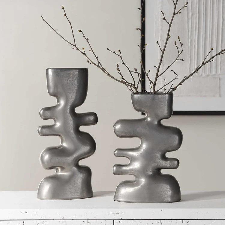 Uttermost Free Flowing Nickel Glaze Modern Set of 2 Vases