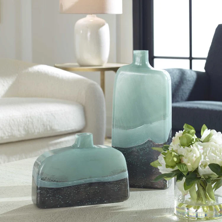 Uttermost Fuze Aqua and Bronze Glass Set of 2 Vases