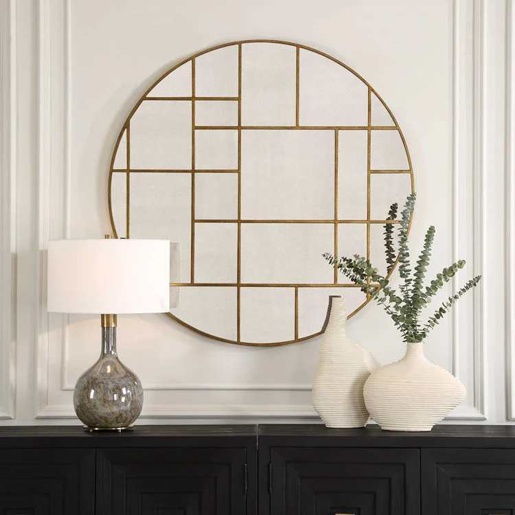 Uttermost Geometric Grid Antiqued Gold Round Mirror