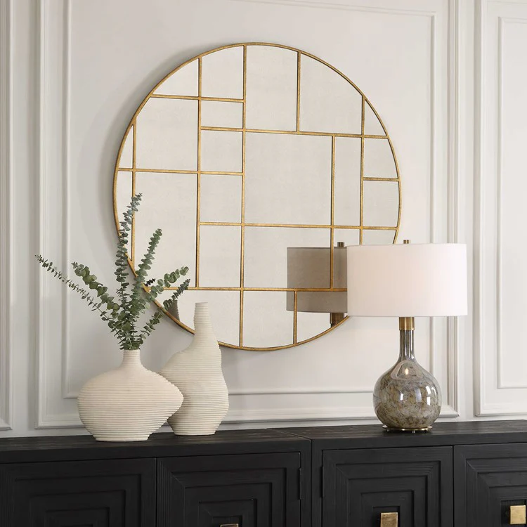 Uttermost Geometric Grid Antiqued Gold Round Mirror - Image 3