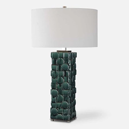 Uttermost Geometry Emerald Green Glazed Ceramic Table Lamp With White Linen Shade - Image 2