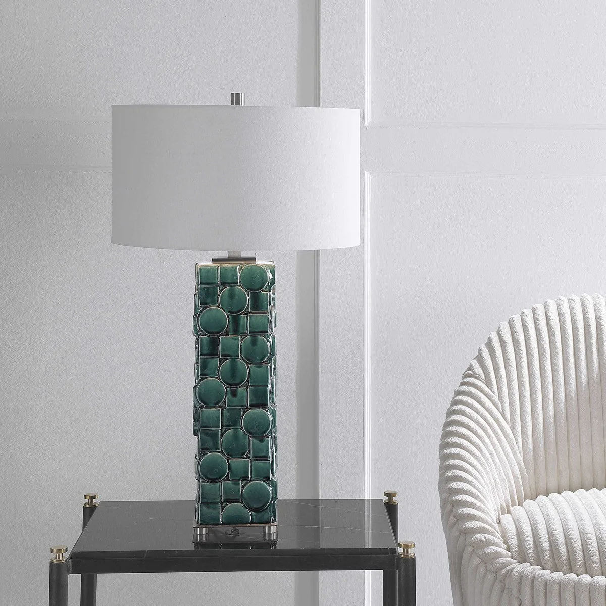 Uttermost Geometry Emerald Green Glazed Ceramic Table Lamp With White Linen Shade - Image 3
