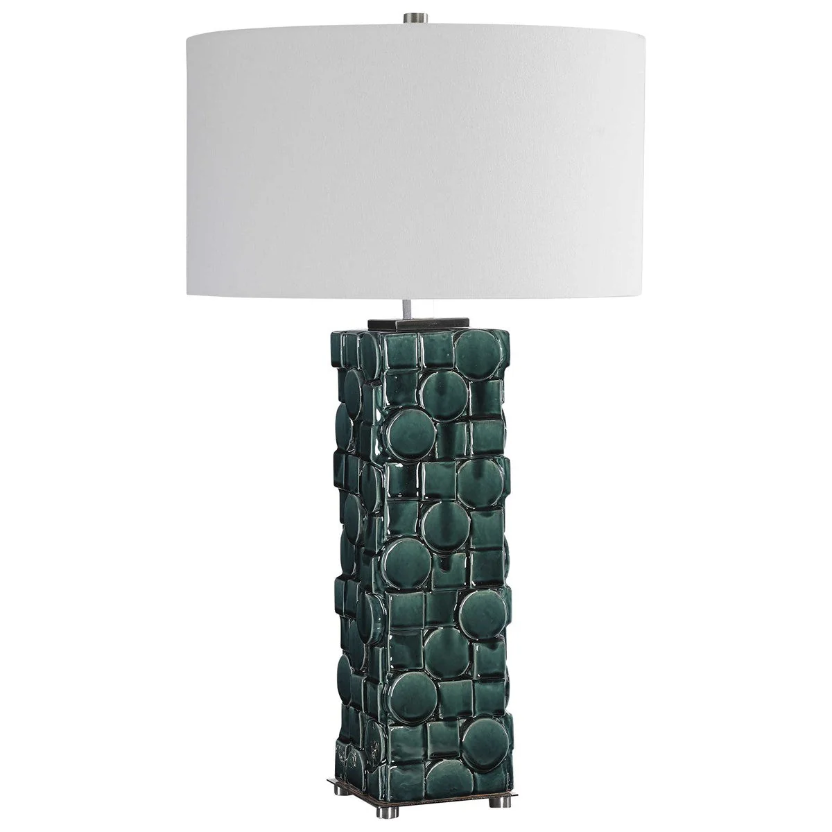 Uttermost Geometry Emerald Green Glazed Ceramic Table Lamp With White Linen Shade - Image 4