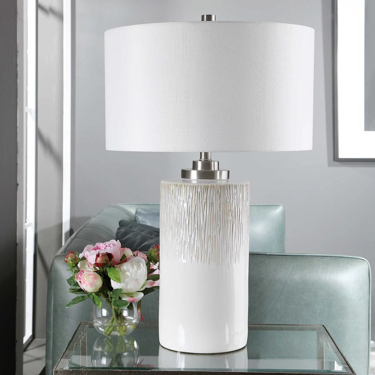 Uttermost Georgios Aged White Ceramic Cylinder Table Lamp With Linen Shade - Image 2