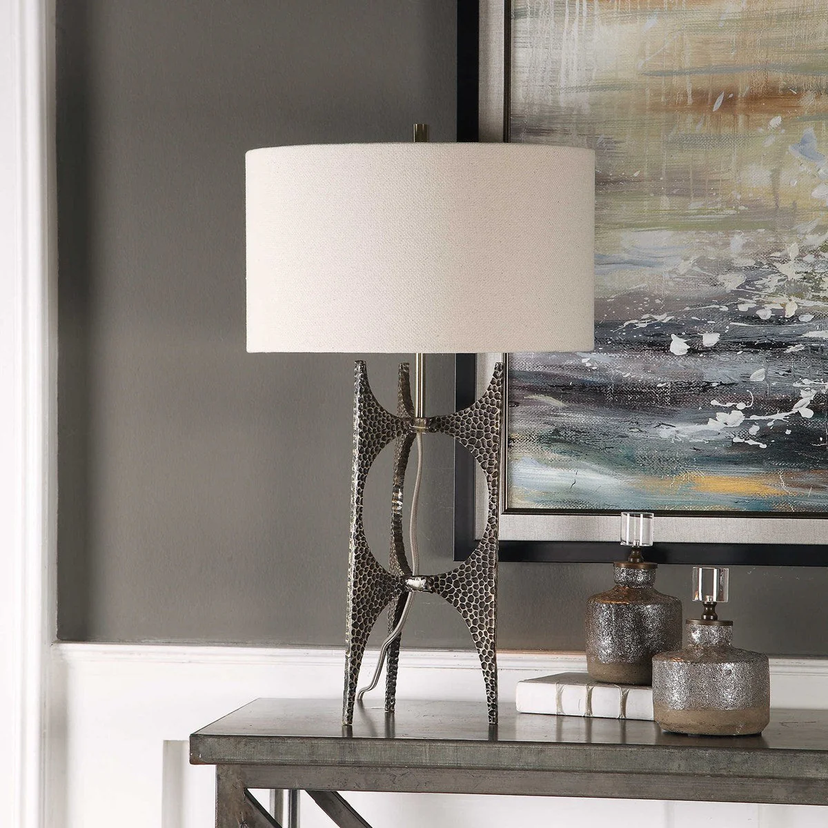 Uttermost Goldia Antiqued Bronze Iron Contemporary Table Lamp With White Linen Shade