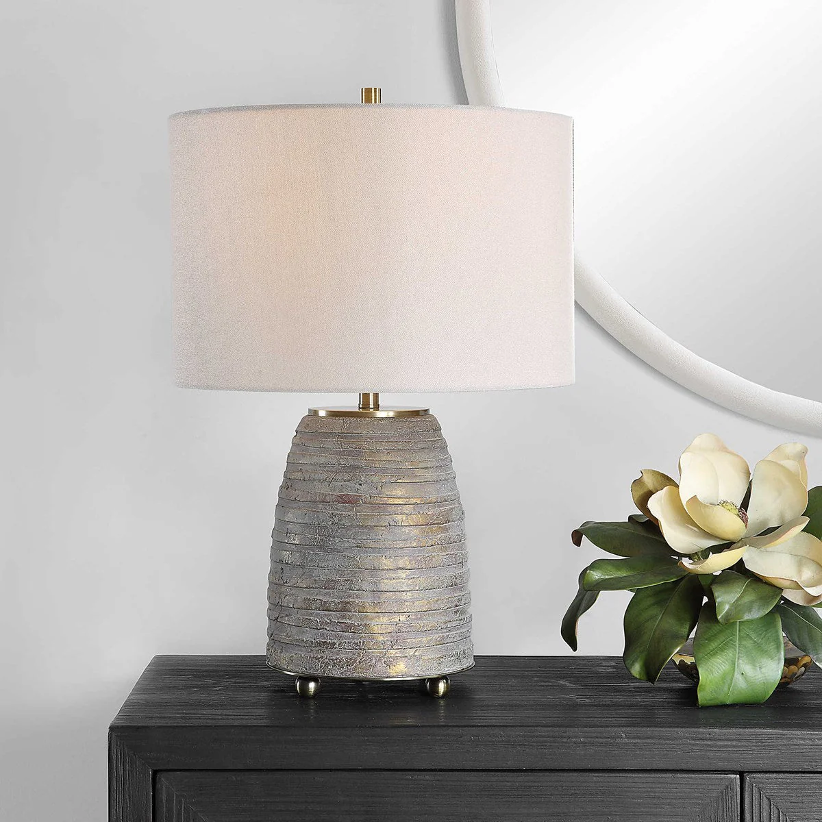 Uttermost Gorda Textured Bronze and Green Patina CeramicTable Lamp With Beige Linen Shade - Image 4