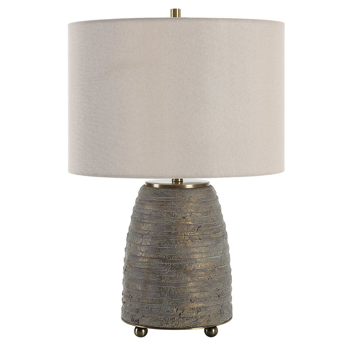 Uttermost Gorda Textured Bronze and Green Patina CeramicTable Lamp With Beige Linen Shade - Image 5