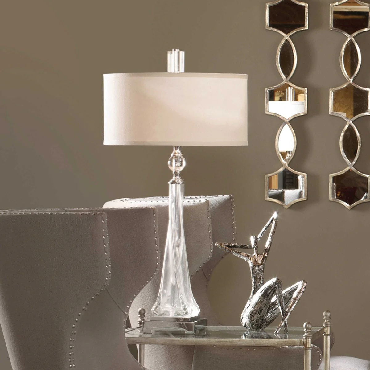 Uttermost Grancona Twisted Glass Polished Nickel Table Lamp With Off-White Linen Shade