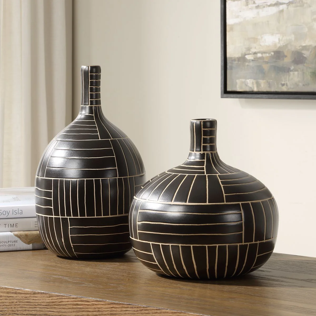 Uttermost Graphite Stride Black Ceramic Vases ~ Set Of 2 - Image 2