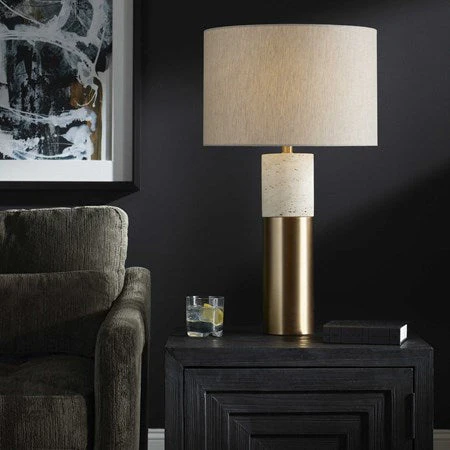 Uttermost Gravitas Ivory Stone and Brushed Brass Table Lamp With Beige Linen Shade - Image 3