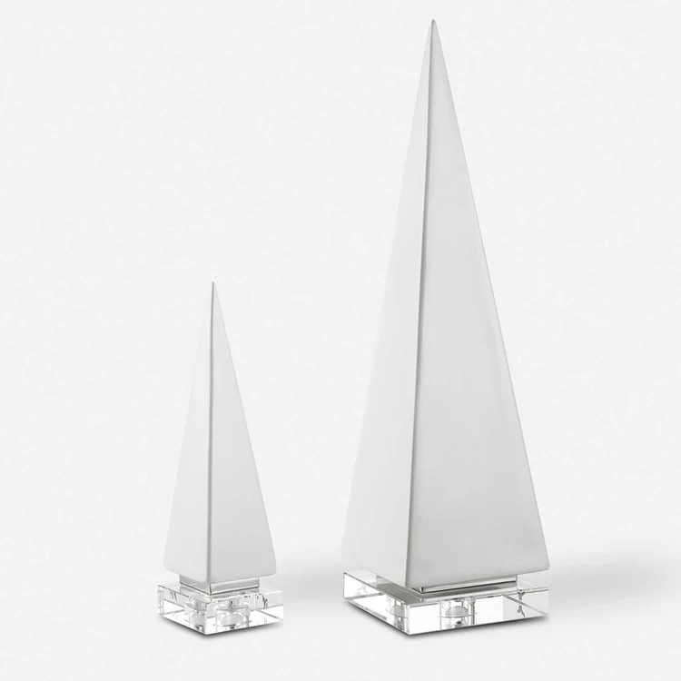 Uttermost Great Pyramids Chalk White Ceramic and Crystal Set of 2 Sculptures - Image 2