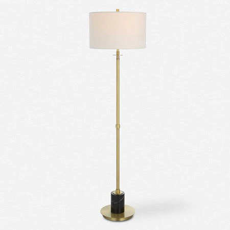 Uttermost Guard Antiqued Brass Iron Floor Lamp With White Linen Shade - Image 3