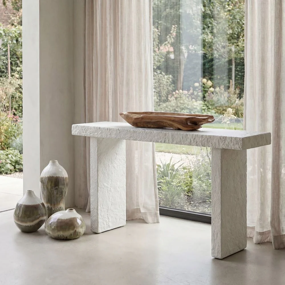 Uttermost Hagen Limestone Glass Reinforced Concrete Console Table ~ Indoor And Outdoor Use