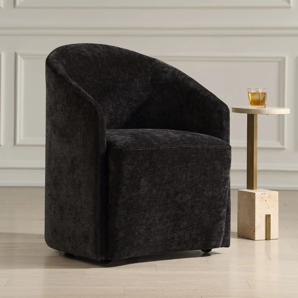 Uttermost Harbor Charcoal Black Velvet Barrel Back Dining Chair with Rolling Casters - Image 2