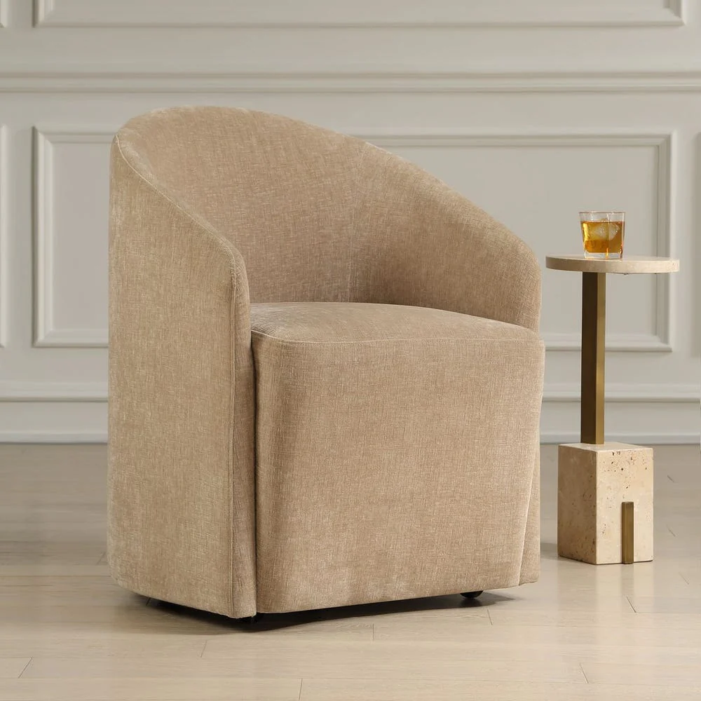 Uttermost Harbor Flax Velvet Barrel Back Dining Chair with Rolling Casters - Image 2