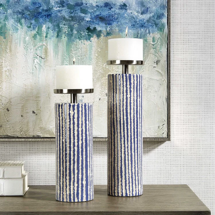 Uttermost Havana Ivory and Colbalt Blue Glaze Set of 2 Candle Holders ~ Candles Included
