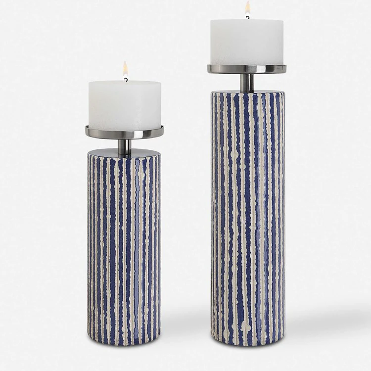 Uttermost Havana Ivory and Colbalt Blue Glaze Set of 2 Candle Holders ~ Candles Included - Image 2
