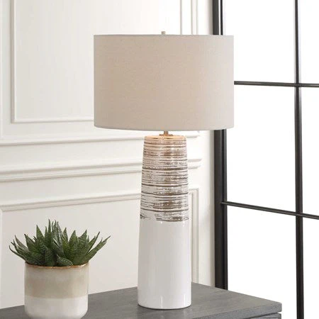 Uttermost Haven White Glazed Ceramic Table Lamp With Linen Shade - Image 3