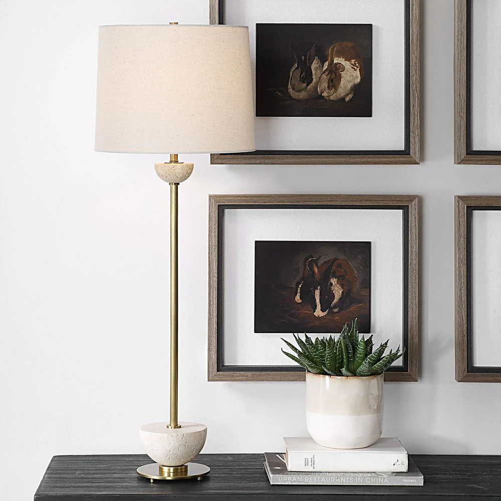 Uttermost Hemisphere Travertine with Brushed Brass Buffet Lamp