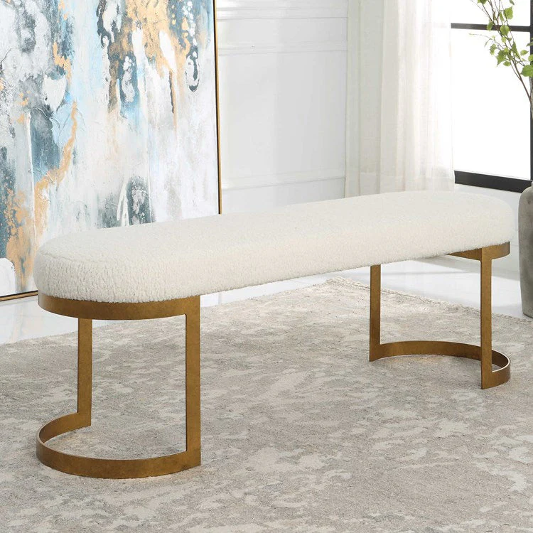 Uttermost Infinity White Faux Shearling Seat Modern Antique Gold Iron Bench