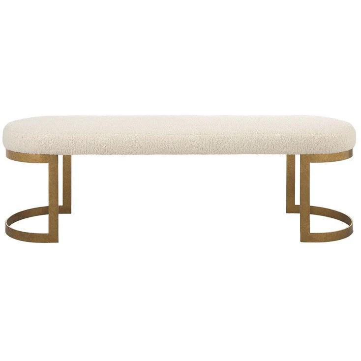 Uttermost Infinity White Faux Shearling Seat Modern Antique Gold Iron Bench - Image 2