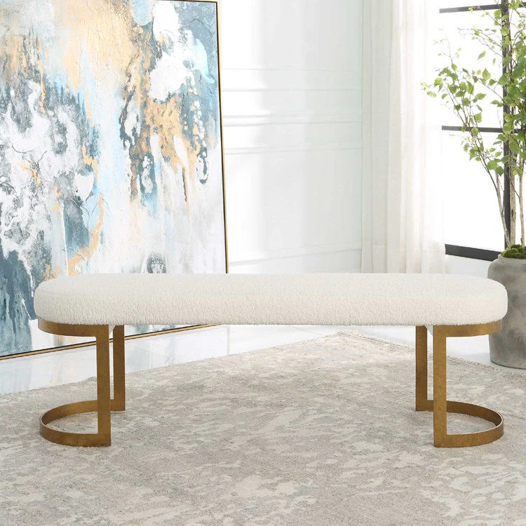 Uttermost Infinity White Faux Shearling Seat Modern Antique Gold Iron Bench - Image 3