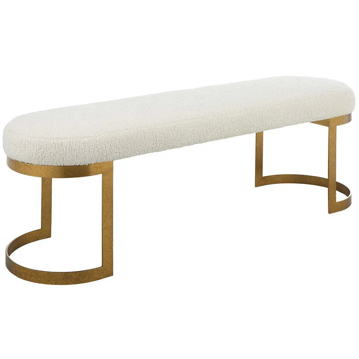 Uttermost Infinity White Faux Shearling Seat Modern Antique Gold Iron Bench - Image 4