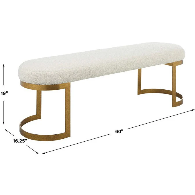 Uttermost Infinity White Faux Shearling Seat Modern Antique Gold Iron Bench - Image 7