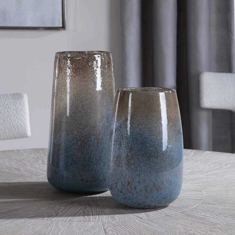 Uttermost Ione Taupe and Blue Ombré Seeded Glass Set of 2 Vases