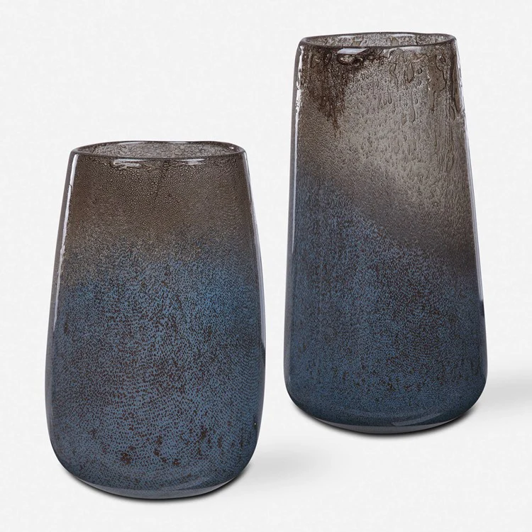 Uttermost Ione Taupe and Blue Ombré Seeded Glass Set of 2 Vases - Image 2