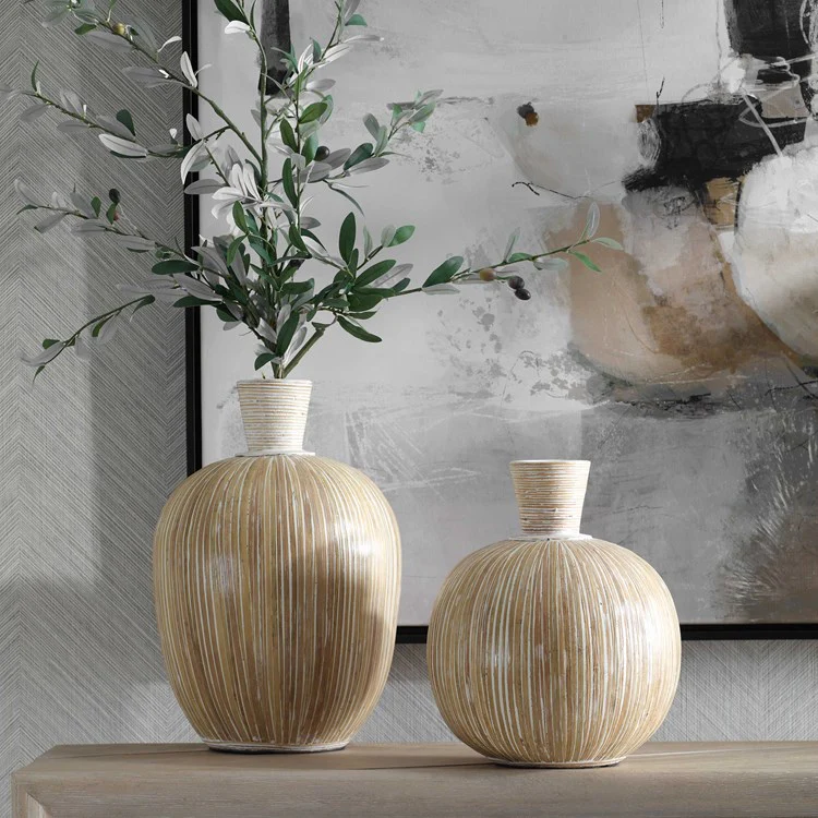 Uttermost Islander Natural Bamboo and Washed White Terracotta Set of 2 Vases