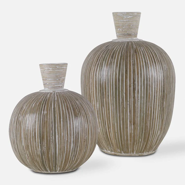 Uttermost Islander Natural Bamboo and Washed White Terracotta Set of 2 Vases - Image 2