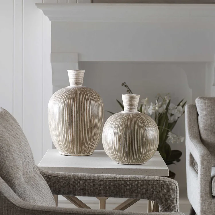 Uttermost Islander Natural Bamboo and Washed White Terracotta Set of 2 Vases - Image 3