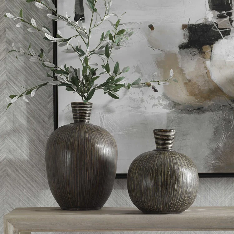 Uttermost Islander Natural Bamboo and Washed Black Terracotta Set of 2 Vases