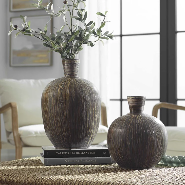 Uttermost Islander Natural Bamboo and Washed Black Terracotta Set of 2 Vases - Image 4