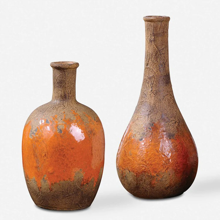 Uttermost Kadam Rust Brown and Bright Orange Ceramic Set of 2 Vases